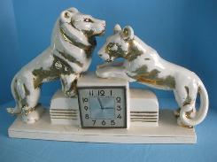 French Deco Ceramic Lions Mantle Clock