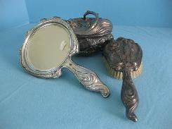 Art Nouveau Ornate Silver Mirror & Brush Set