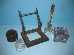 Antique Glass and Wooden Ink Wells 