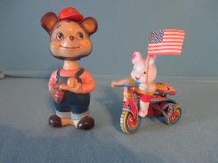 Japan Tin Litho Key Wind Bear on Motorcycle