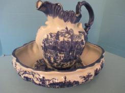 German Flow Blue Fancy Pitcher & Bowl Set 