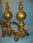 Early Brass Portrait Cannon Ball Andiron Set 