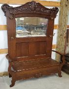 Massive Ornate Oak Mirrored Hall Tree 