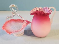 Cranberry Opalescent Swirl Hand Blown Basket 