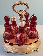 Victorian Cranberry Etched Cruet Set 