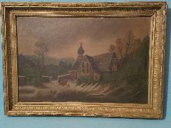 Early Oil on Hardboard Church Scene