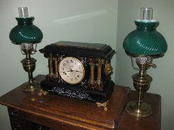 Pair of Brass & Green Glass Shade Lamps