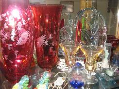 Cranberry Cut Glass Flower Vases, Pair