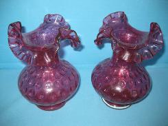 Cranberry Thumbprint Rufled Vases, Pair