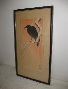 Shasom Signed Asian Watercolor 'Crow on Branch'