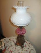 Cranberry Swirl ,Milk Glass & Brass Dresser Lamp