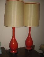 Asian Orange Ceramic Tall Table Lamps, Pair