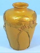 Matte Brown Glaze & Applied Metal Floral Vase