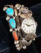 Phil Chapo Signed Sterling Turquoise & Corral Red Bracelet Watch 