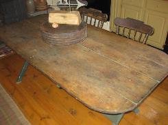 1790 Pine & Blue Paint Sawbuck Trestle Table