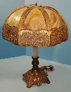   Ornate Brass Panel Slag Glass Table Lamp 