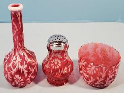 Cranberry Opalescent Sea Weed Glass Barber Bottle 