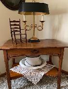 Parlor Table, Brass Horn Lamp & Sttoneware Pitcher & Bowl