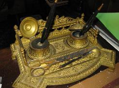  Ornate Brass Victorian Inkwell Set