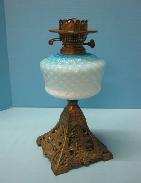Victorian Opalescent Quilt Kerosene Table Lamp 